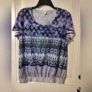 Chico's Navy and White Geometric Short Sleeve Top